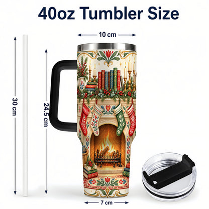 #pl[40oz|Black] Christmas Fireplace 40oz Tumbler, Reading Theme Steel Travel Cup