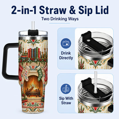 #pl[40oz|Black] Christmas Fireplace 40oz Tumbler, Reading Theme Steel Travel Cup