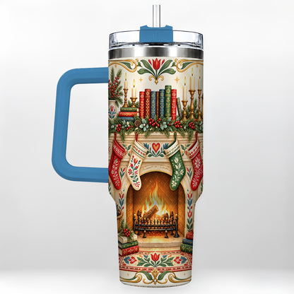 #pl[40oz|Blue] Christmas Fireplace 40oz Tumbler, Reading Theme Steel Travel Cup