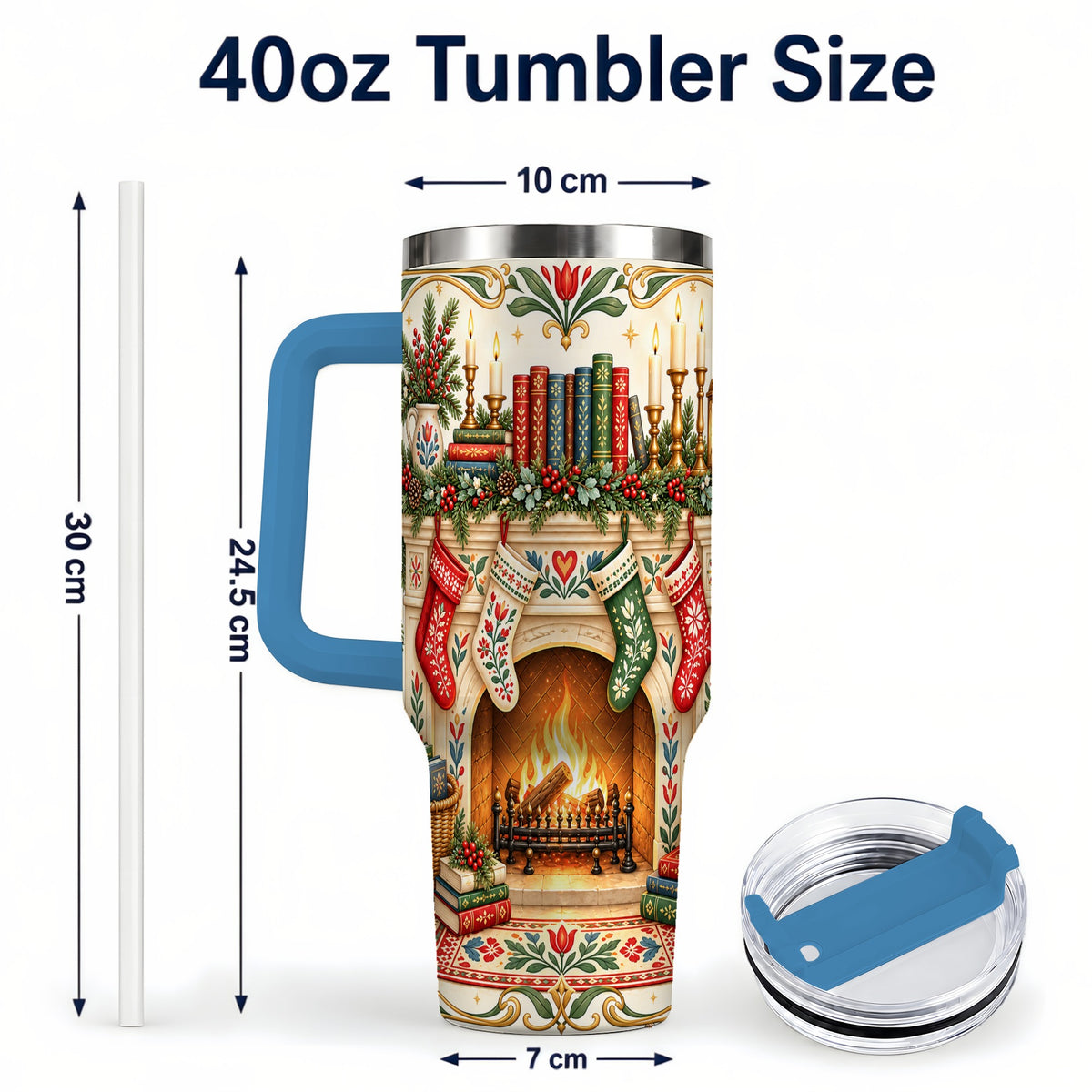 #pl[40oz|Blue] Christmas Fireplace 40oz Tumbler, Reading Theme Steel Travel Cup