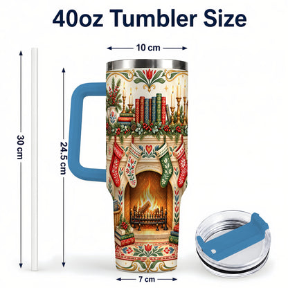 #pl[40oz|Blue] Christmas Fireplace 40oz Tumbler, Reading Theme Steel Travel Cup