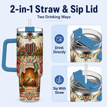 #pl[40oz|Blue] Christmas Fireplace 40oz Tumbler, Reading Theme Steel Travel Cup