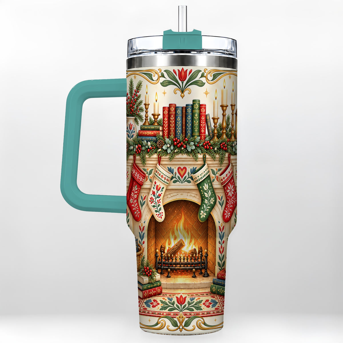 #pl[40oz|Green] Christmas Fireplace 40oz Tumbler, Reading Theme Steel Travel Cup