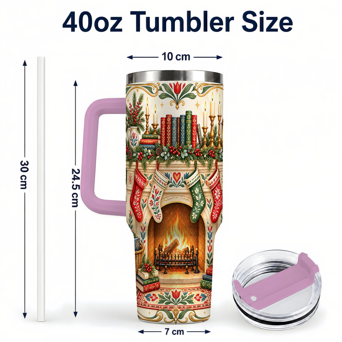 #pl[40oz|Pink] Christmas Fireplace 40oz Tumbler, Reading Theme Steel Travel Cup