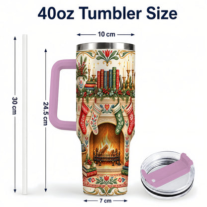 #pl[40oz|Pink] Christmas Fireplace 40oz Tumbler, Reading Theme Steel Travel Cup
