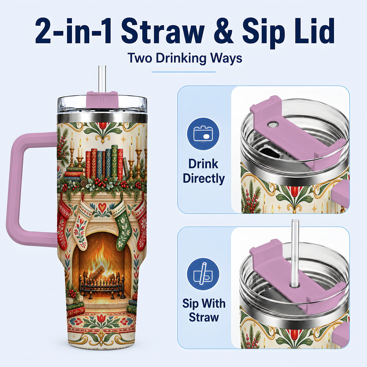 #pl[40oz|Pink] Christmas Fireplace 40oz Tumbler, Reading Theme Steel Travel Cup