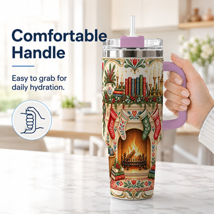#pl[40oz|Pink] Christmas Fireplace 40oz Tumbler, Reading Theme Steel Travel Cup