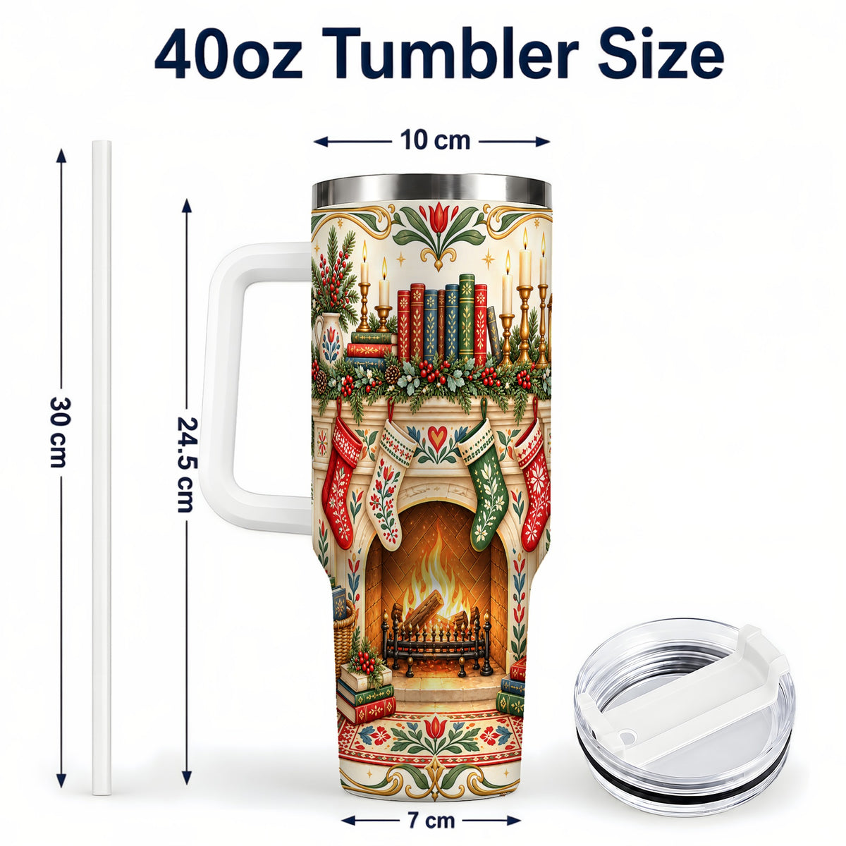 #pl[40oz|White] Christmas Fireplace 40oz Tumbler, Reading Theme Steel Travel Cup