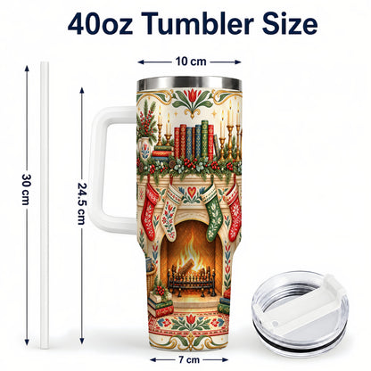 #pl[40oz|White] Christmas Fireplace 40oz Tumbler, Reading Theme Steel Travel Cup