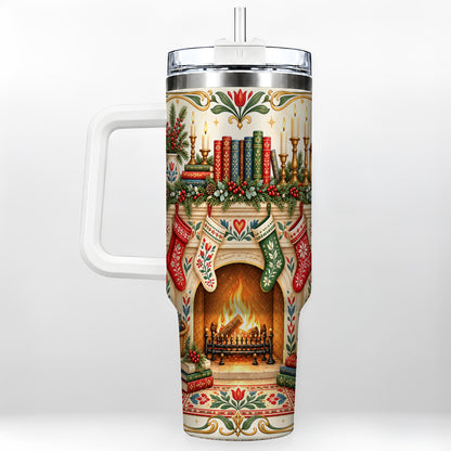 Christmas Fireplace 40oz Tumbler, Reading Theme Steel Travel Cup