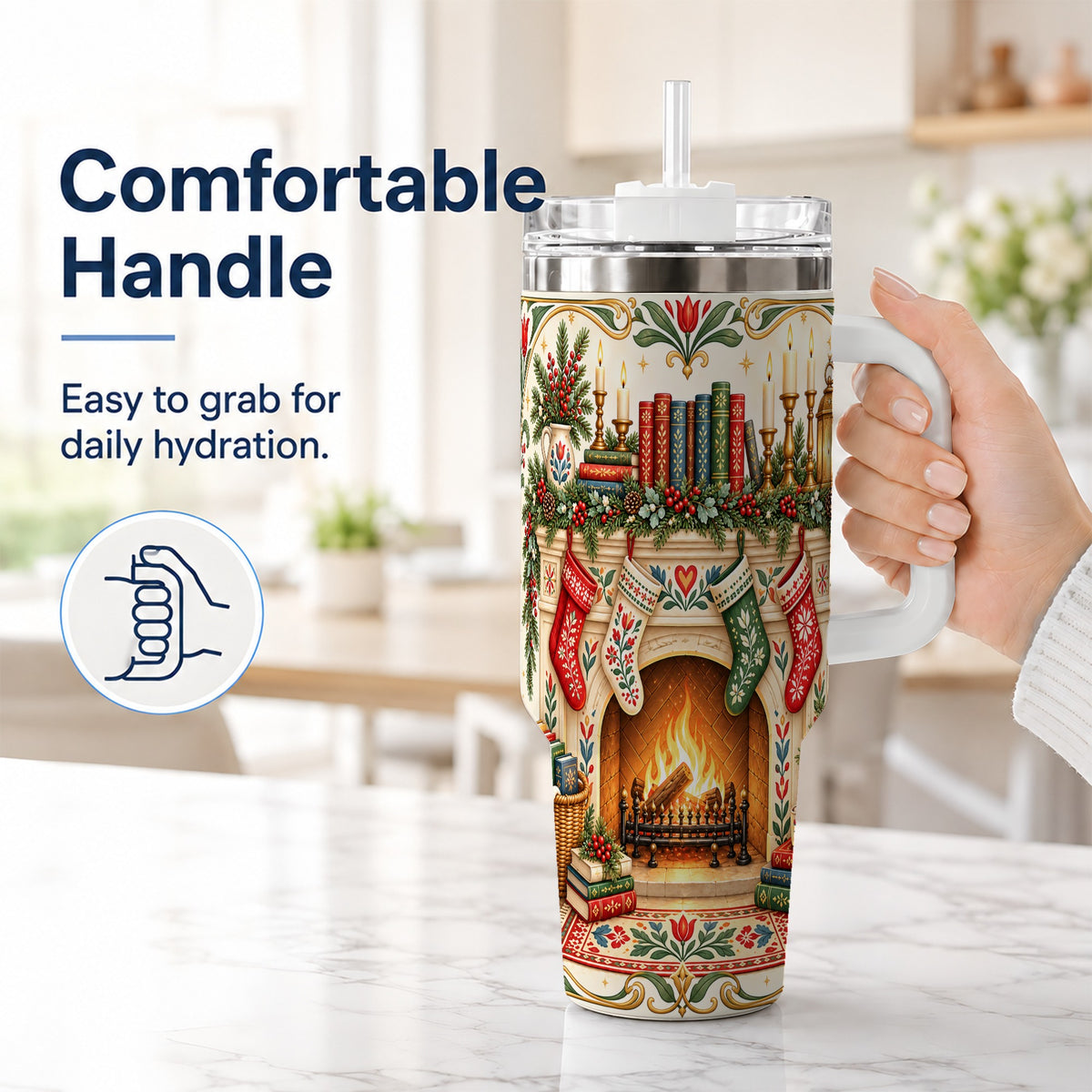 #pl[40oz|White] Christmas Fireplace 40oz Tumbler, Reading Theme Steel Travel Cup