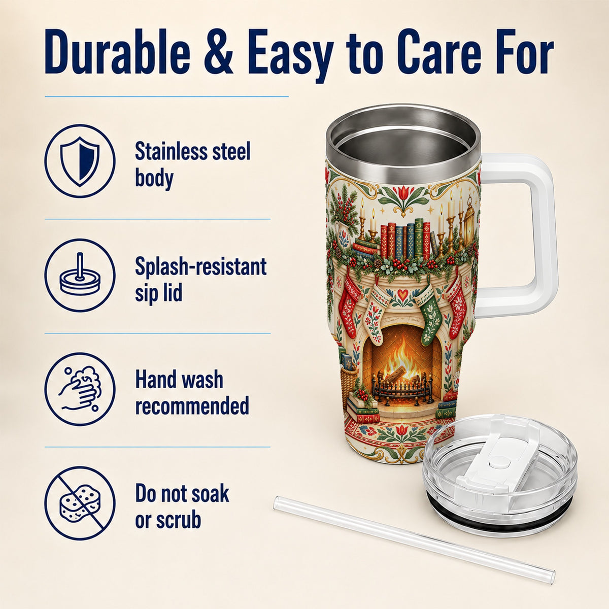 Christmas Fireplace 40oz Tumbler, Reading Theme Steel Travel Cup