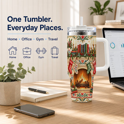 Christmas Fireplace 40oz Tumbler, Reading Theme Steel Travel Cup