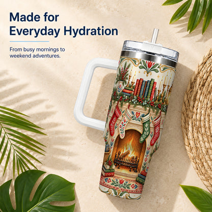 Christmas Fireplace 40oz Tumbler, Reading Theme Steel Travel Cup