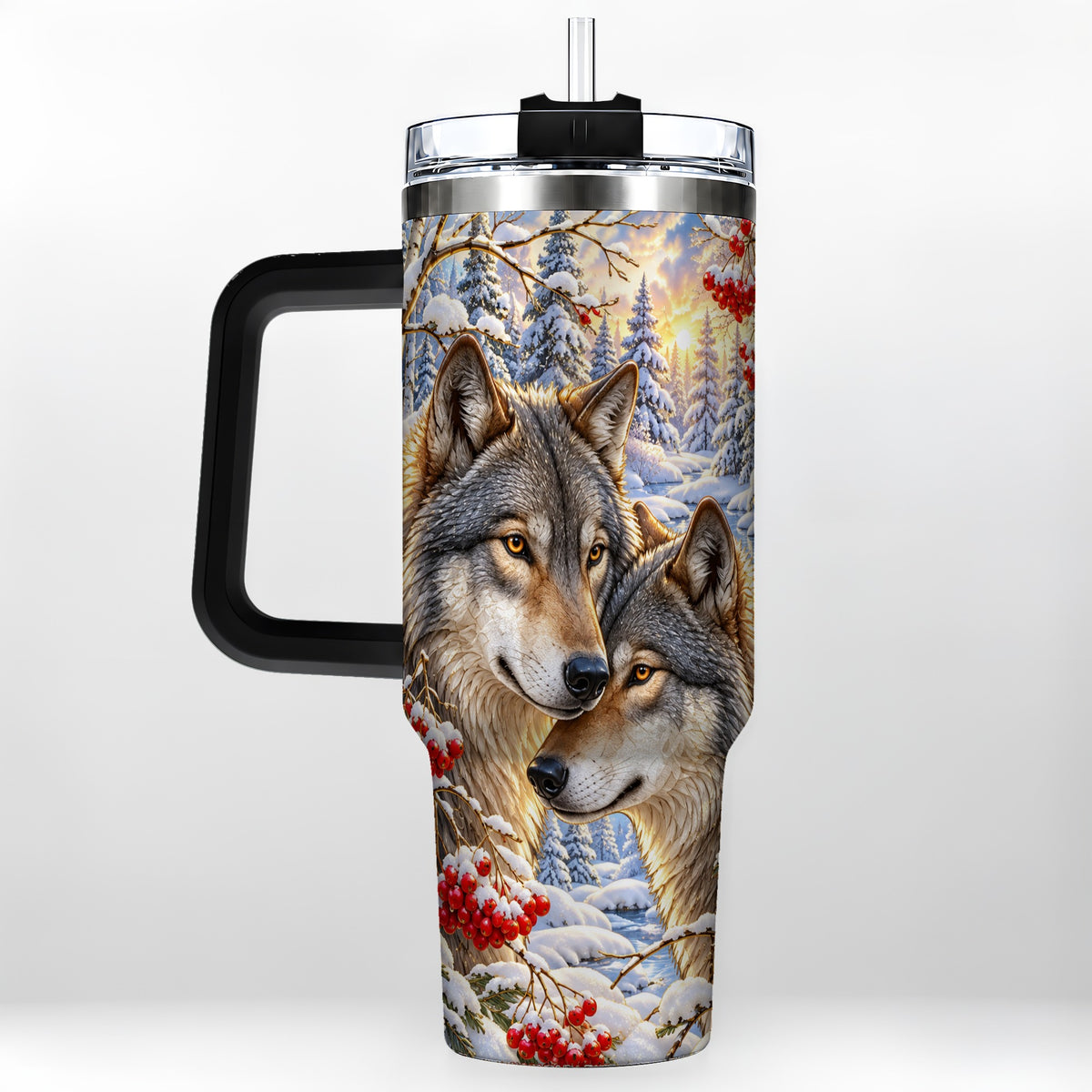 #pl[40oz|Black] Winter Wolves 40oz Tumbler, Snow Forest Steel Travel Cup