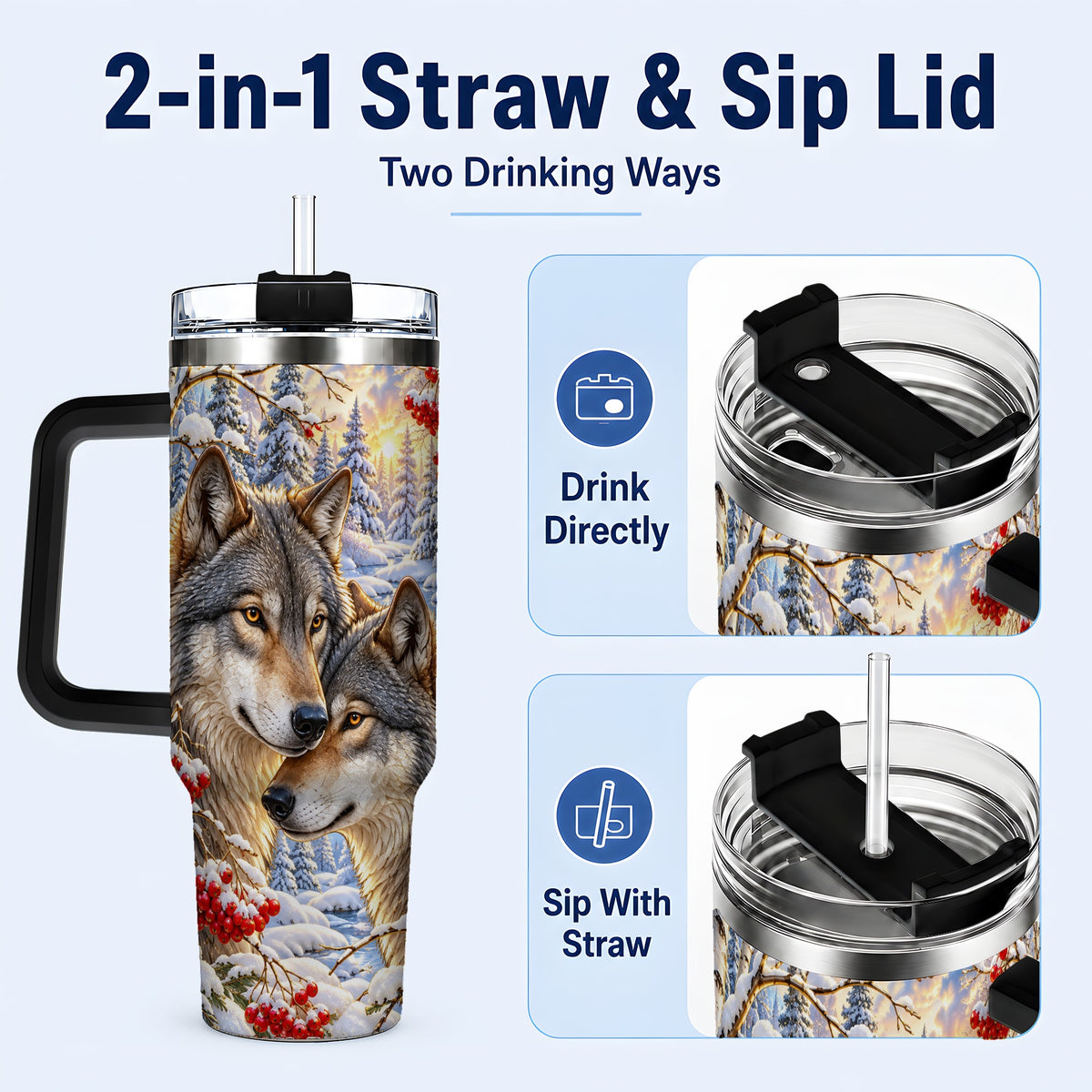 #pl[40oz|Black] Winter Wolves 40oz Tumbler, Snow Forest Steel Travel Cup