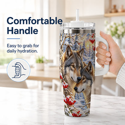 #pl[40oz|White] Winter Wolves 40oz Tumbler, Snow Forest Steel Travel Cup