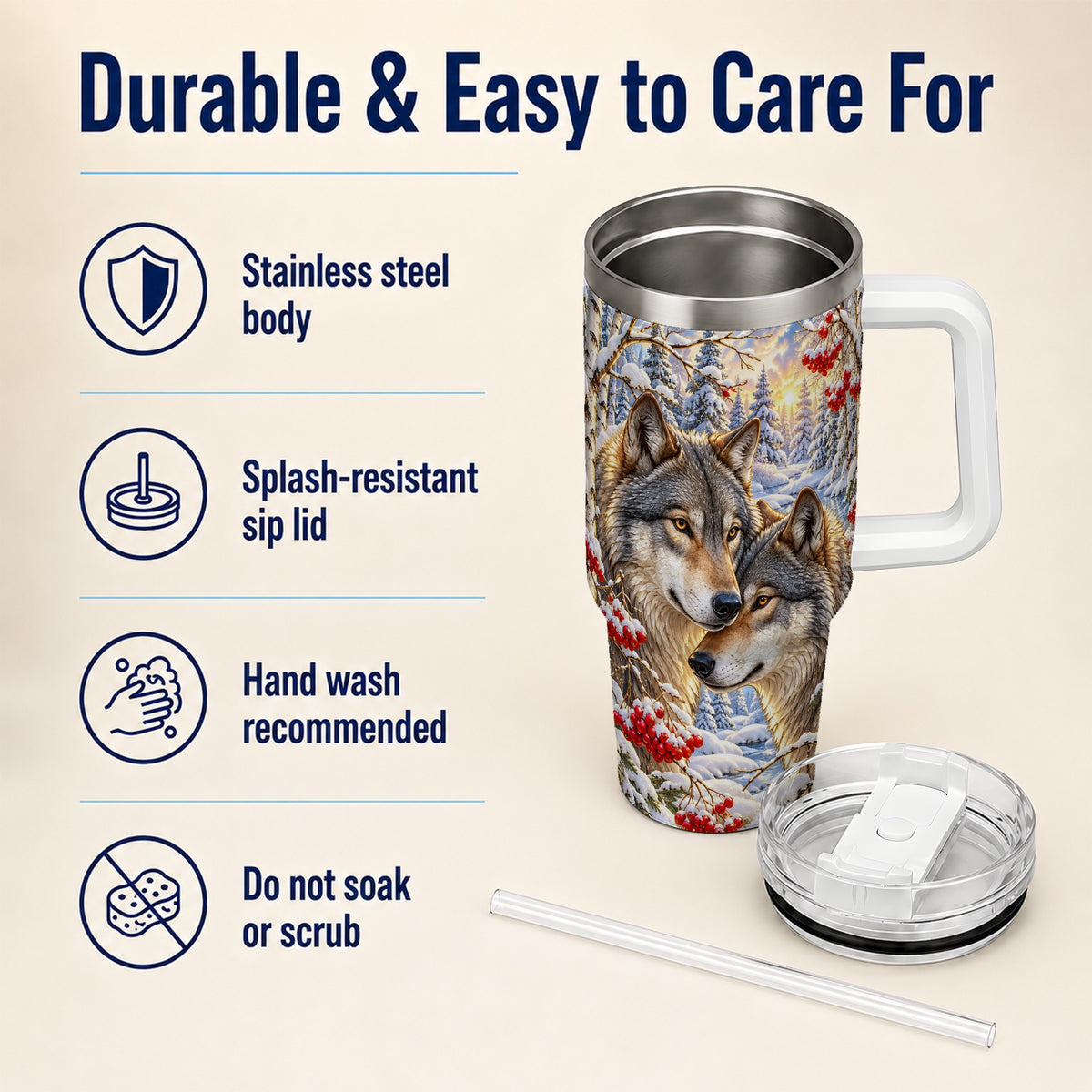 Winter Wolves 40oz Tumbler, Snow Forest Steel Travel Cup