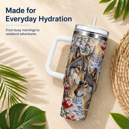 Winter Wolves 40oz Tumbler, Snow Forest Steel Travel Cup
