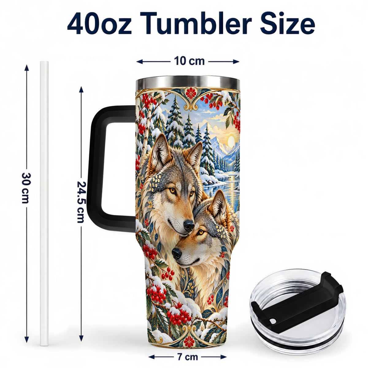 #pl[40oz|Black] Winter Wolf Pair 40oz Tumbler, Snowy Forest Steel Travel Cup
