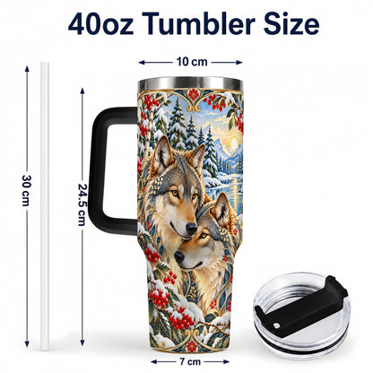 #pl[40oz|Black] Winter Wolf Pair 40oz Tumbler, Snowy Forest Steel Travel Cup