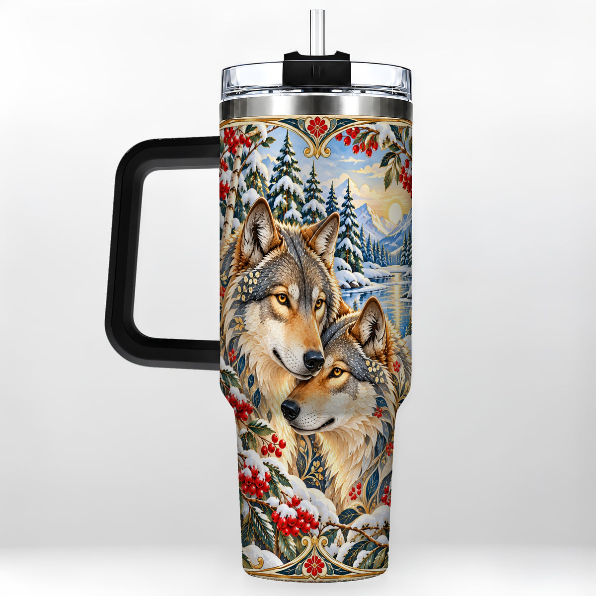 #pl[40oz|Black] Winter Wolf Pair 40oz Tumbler, Snowy Forest Steel Travel Cup