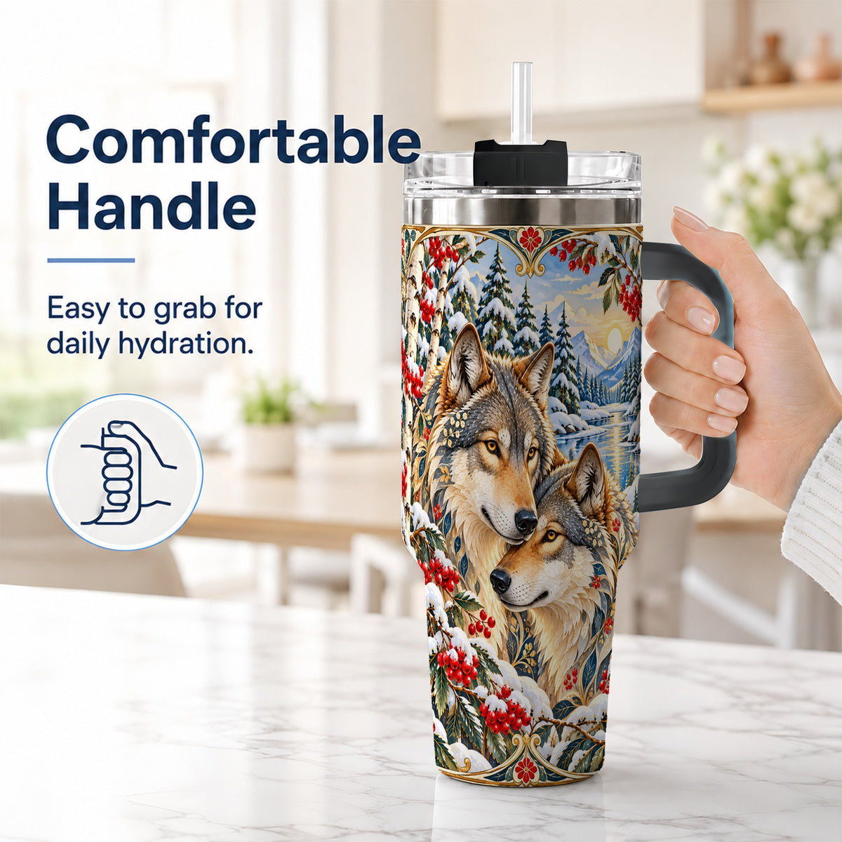 #pl[40oz|Black] Winter Wolf Pair 40oz Tumbler, Snowy Forest Steel Travel Cup