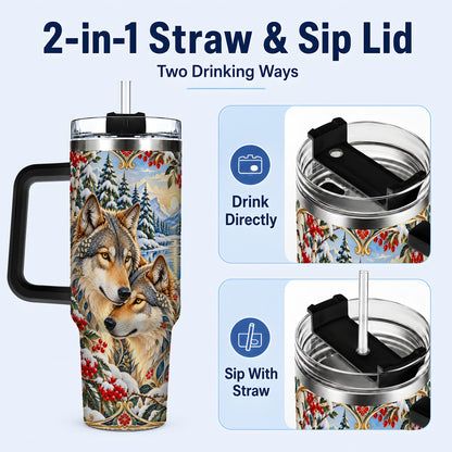 #pl[40oz|Black] Winter Wolf Pair 40oz Tumbler, Snowy Forest Steel Travel Cup