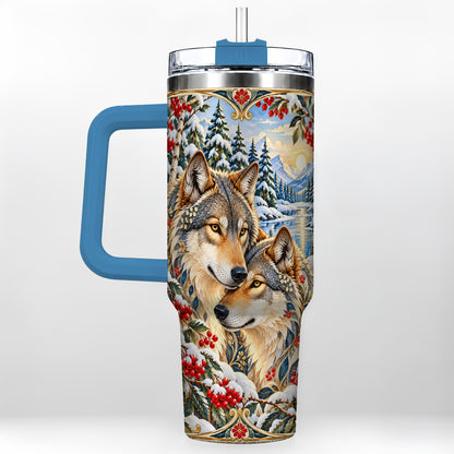 #pl[40oz|Blue] Winter Wolf Pair 40oz Tumbler, Snowy Forest Steel Travel Cup