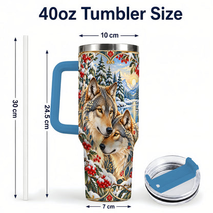 #pl[40oz|Blue] Winter Wolf Pair 40oz Tumbler, Snowy Forest Steel Travel Cup