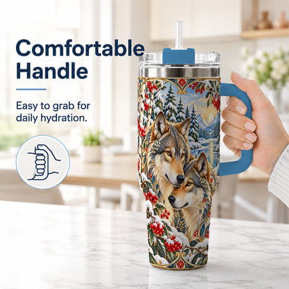#pl[40oz|Blue] Winter Wolf Pair 40oz Tumbler, Snowy Forest Steel Travel Cup