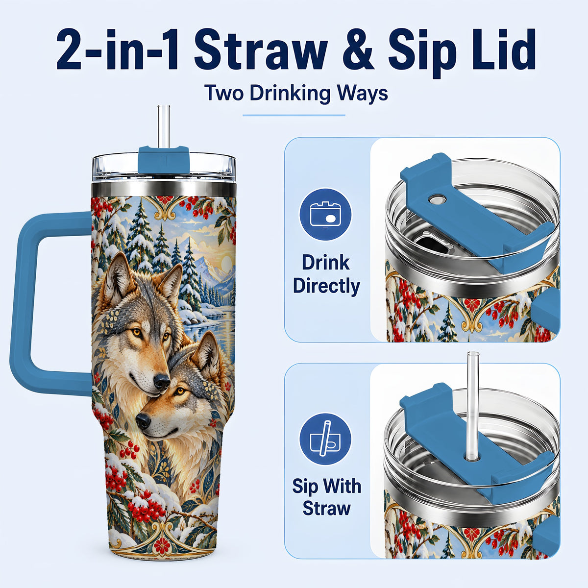 #pl[40oz|Blue] Winter Wolf Pair 40oz Tumbler, Snowy Forest Steel Travel Cup