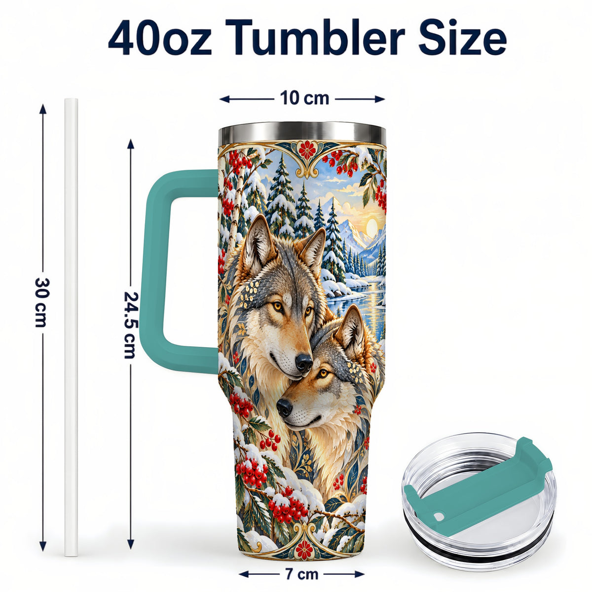 #pl[40oz|Green] Winter Wolf Pair 40oz Tumbler, Snowy Forest Steel Travel Cup