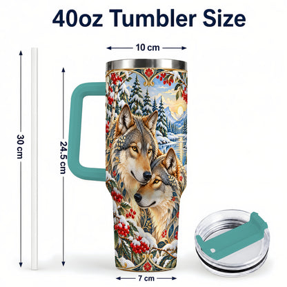 #pl[40oz|Green] Winter Wolf Pair 40oz Tumbler, Snowy Forest Steel Travel Cup