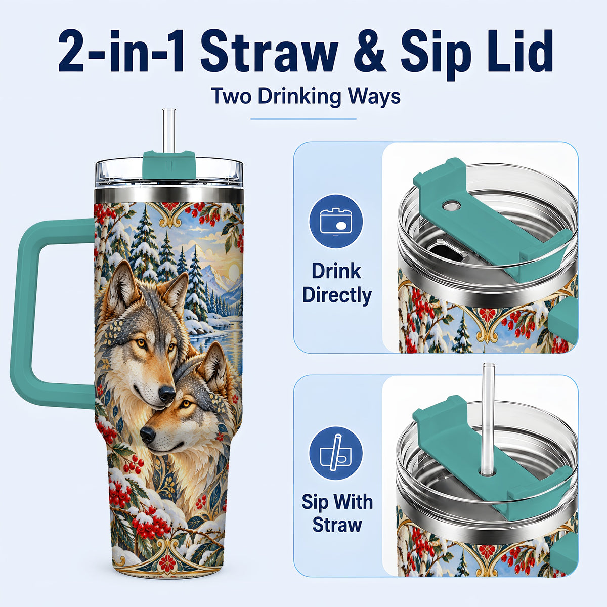 #pl[40oz|Green] Winter Wolf Pair 40oz Tumbler, Snowy Forest Steel Travel Cup