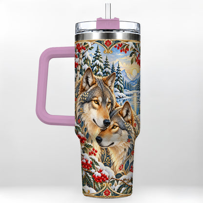 #pl[40oz|Pink] Winter Wolf Pair 40oz Tumbler, Snowy Forest Steel Travel Cup