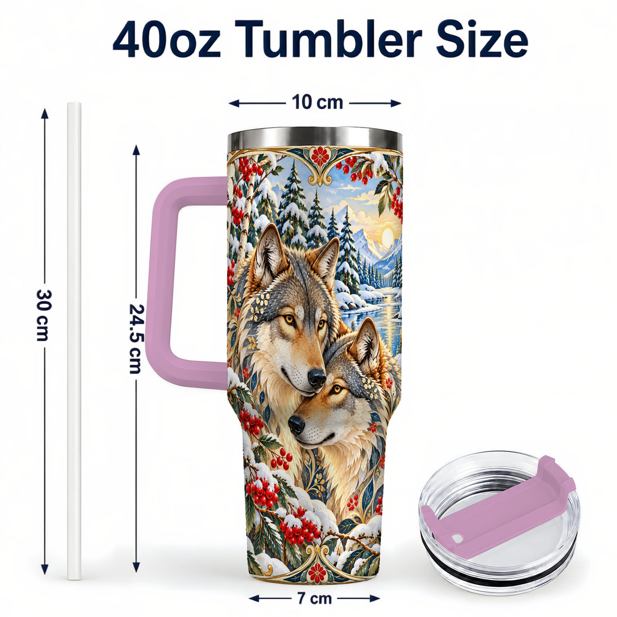 #pl[40oz|Pink] Winter Wolf Pair 40oz Tumbler, Snowy Forest Steel Travel Cup