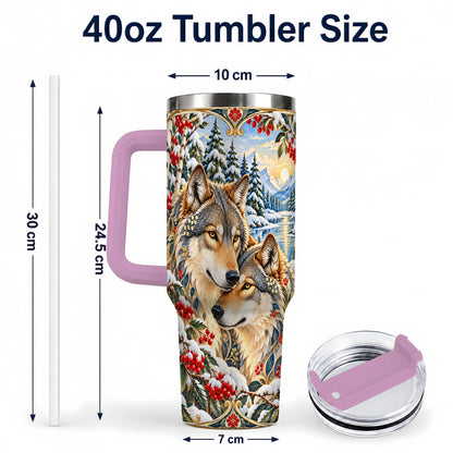 #pl[40oz|Pink] Winter Wolf Pair 40oz Tumbler, Snowy Forest Steel Travel Cup