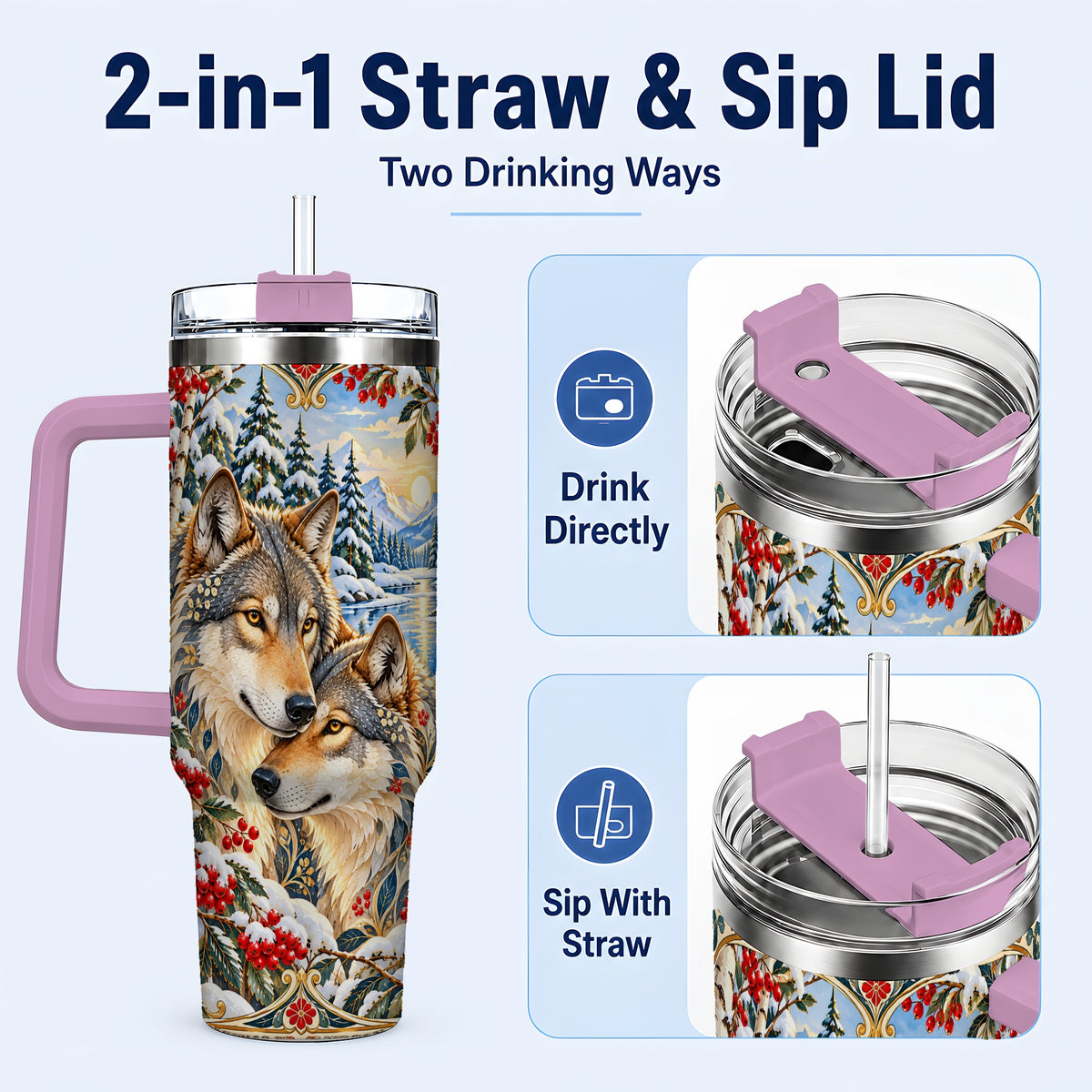 #pl[40oz|Pink] Winter Wolf Pair 40oz Tumbler, Snowy Forest Steel Travel Cup
