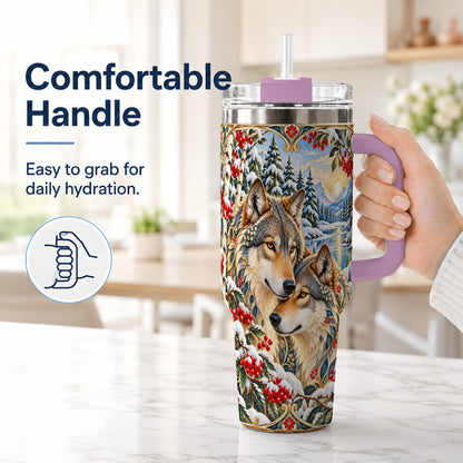 #pl[40oz|Pink] Winter Wolf Pair 40oz Tumbler, Snowy Forest Steel Travel Cup