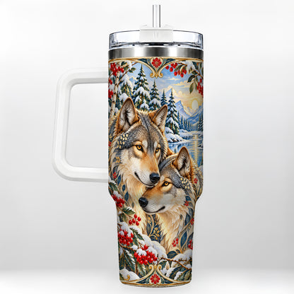 Winter Wolf Pair 40oz Tumbler, Snowy Forest Steel Travel Cup