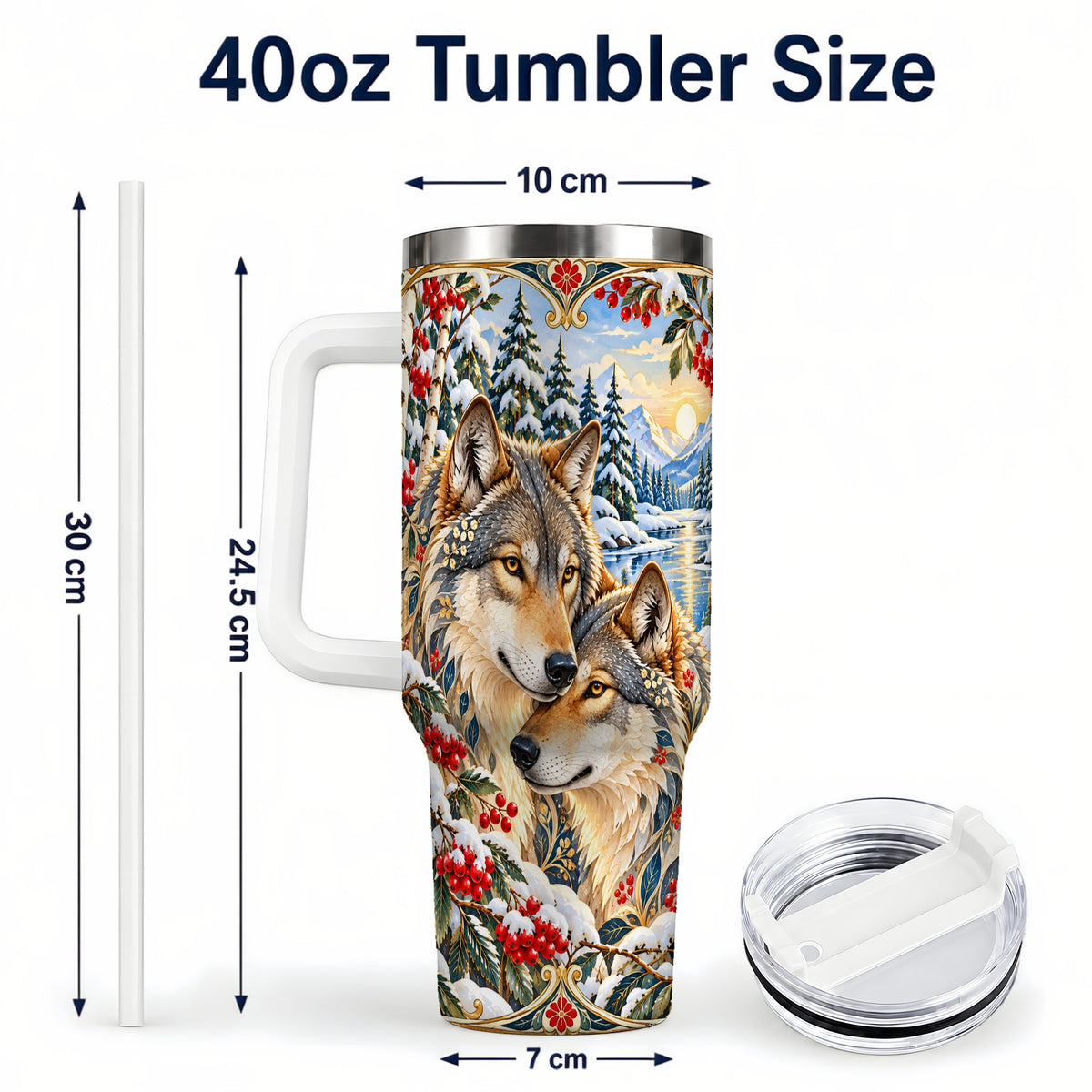#pl[40oz|White] Winter Wolf Pair 40oz Tumbler, Snowy Forest Steel Travel Cup