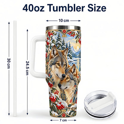 #pl[40oz|White] Winter Wolf Pair 40oz Tumbler, Snowy Forest Steel Travel Cup