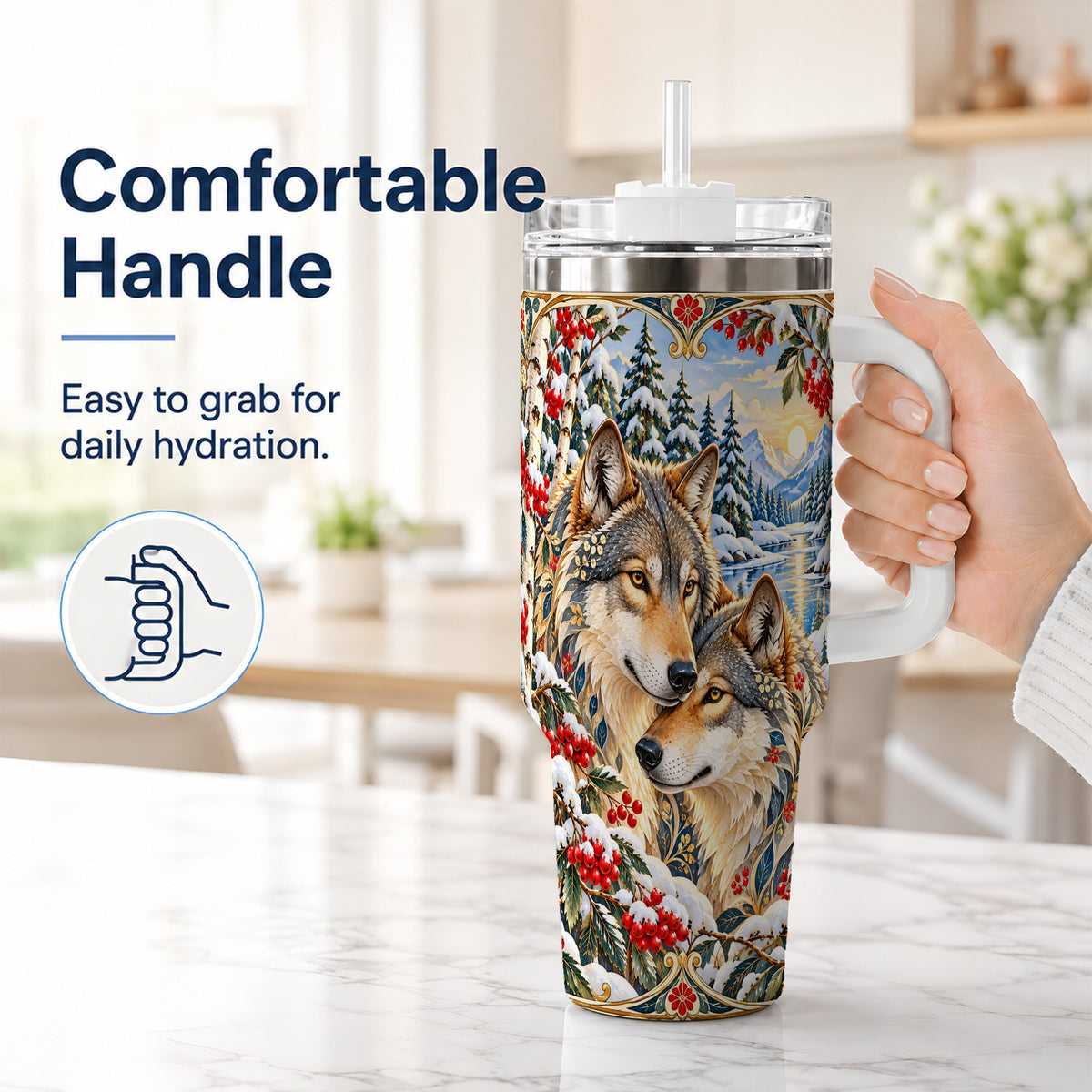 #pl[40oz|White] Winter Wolf Pair 40oz Tumbler, Snowy Forest Steel Travel Cup