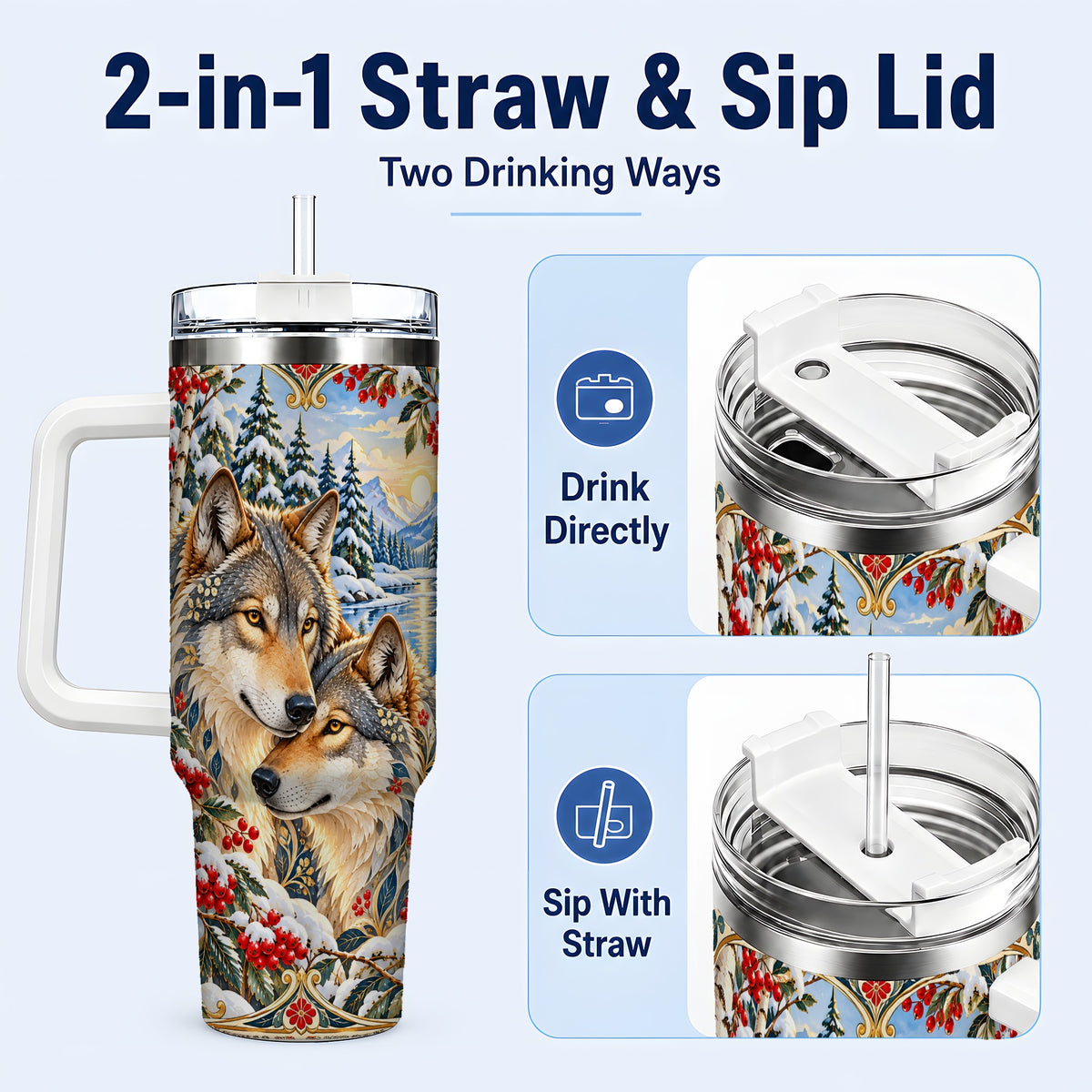 #pl[40oz|White] Winter Wolf Pair 40oz Tumbler, Snowy Forest Steel Travel Cup