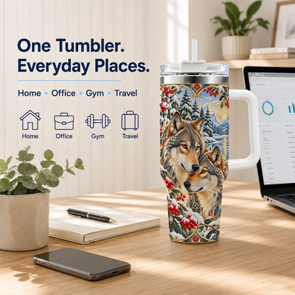 Winter Wolf Pair 40oz Tumbler, Snowy Forest Steel Travel Cup