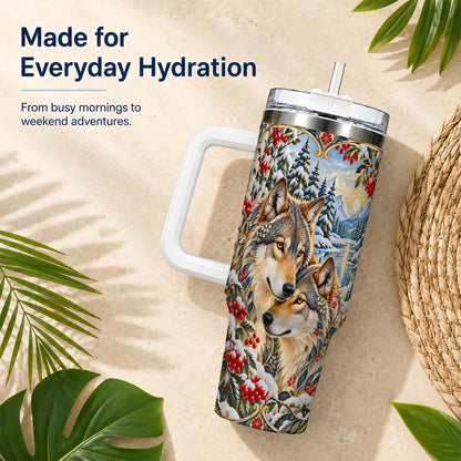 Winter Wolf Pair 40oz Tumbler, Snowy Forest Steel Travel Cup
