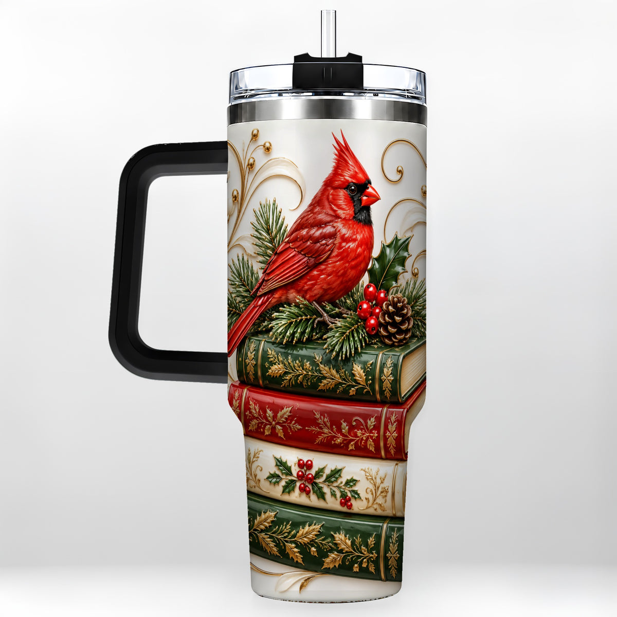 #pl[40oz|Black] Cardinal Books 40oz Tumbler, Holiday Bird Steel Travel Cup