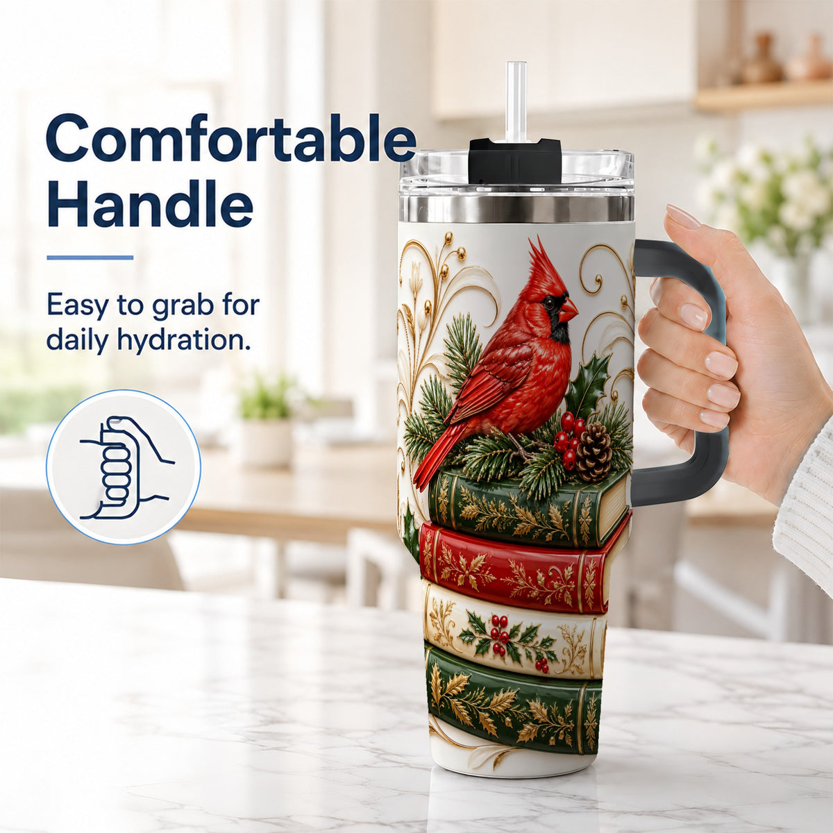 #pl[40oz|Black] Cardinal Books 40oz Tumbler, Holiday Bird Steel Travel Cup