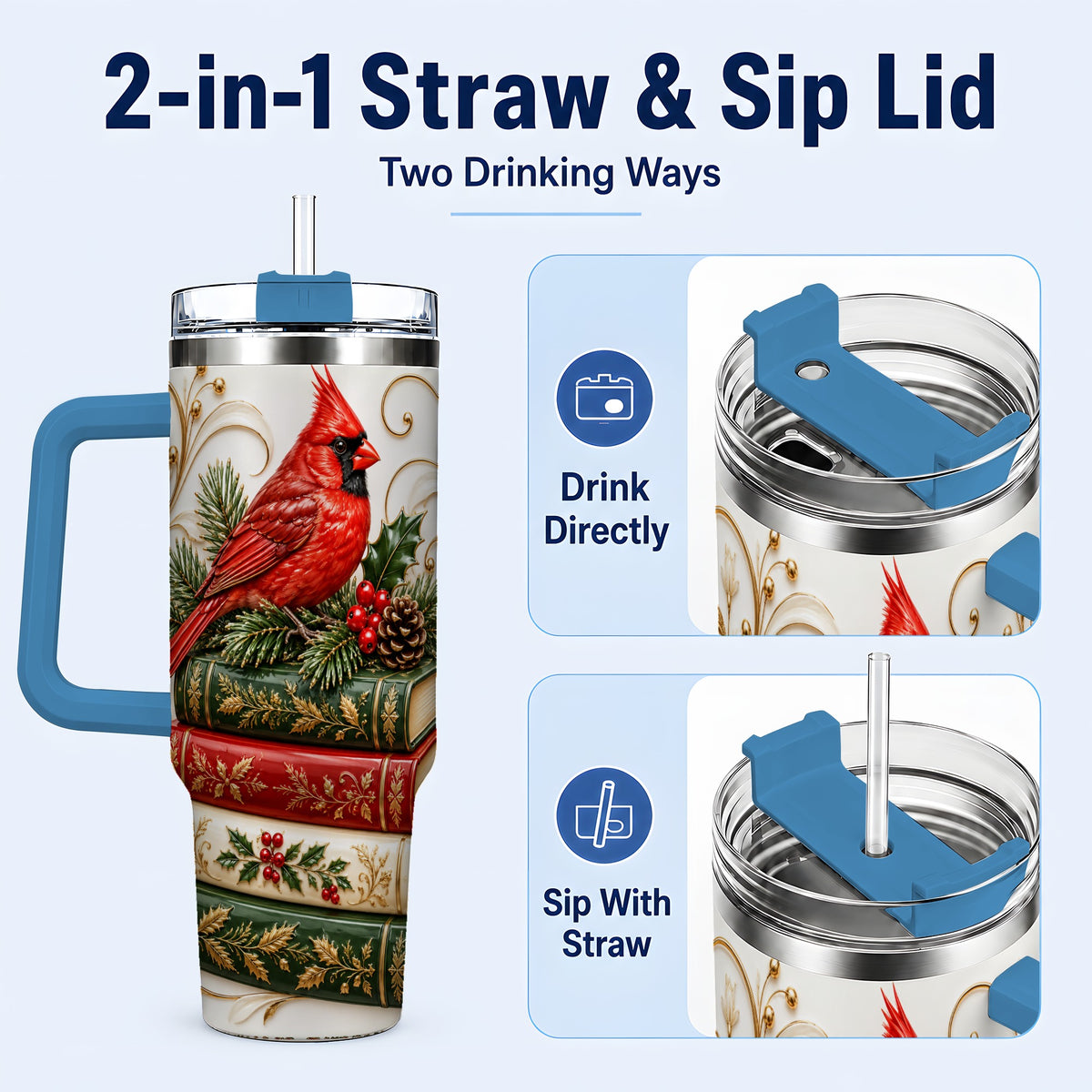 #pl[40oz|Blue] Cardinal Books 40oz Tumbler, Holiday Bird Steel Travel Cup